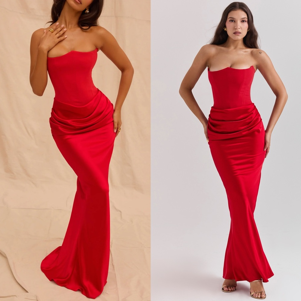 HOUSE OF CB 'Persephone' Scarlet Red Strapless Corset Maxi Dress - Picture 1 of 4